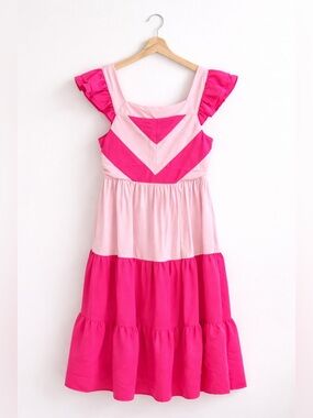 Entro Pink Tiered Dress Women’s Size L Ruffle Sleeve Smocked Back Summer Dress